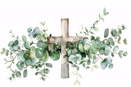 A religious invitation featuring eucalyptus greenery and a cross for Easter, baptism, or christening.