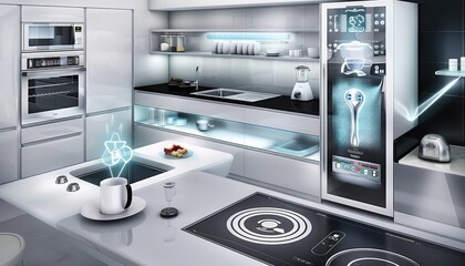 A high-tech kitchen with smart appliances, including an advanced touchscreen refrigerator, a sleek induction cooktop, and futuristic food preparation gadgets. 