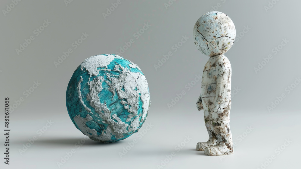 Poster 3d man character with a distressed look, standing next to a melting globe, highlighting global warmi