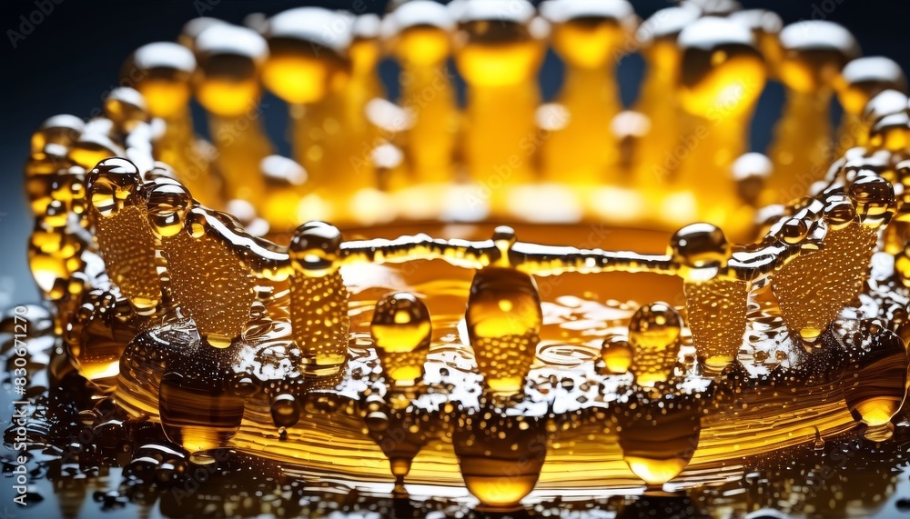 Poster high-resolution image capturing the intricate details of golden water droplets forming a crown-like 