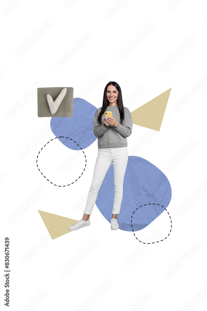 Aufkleber vertical collage image of cheerful girl hold use smart phone plasticine check mark icon isolated on 
