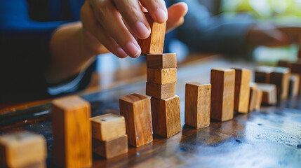 Businesswoman hand Stopping Falling Wooden Domino, generative AI