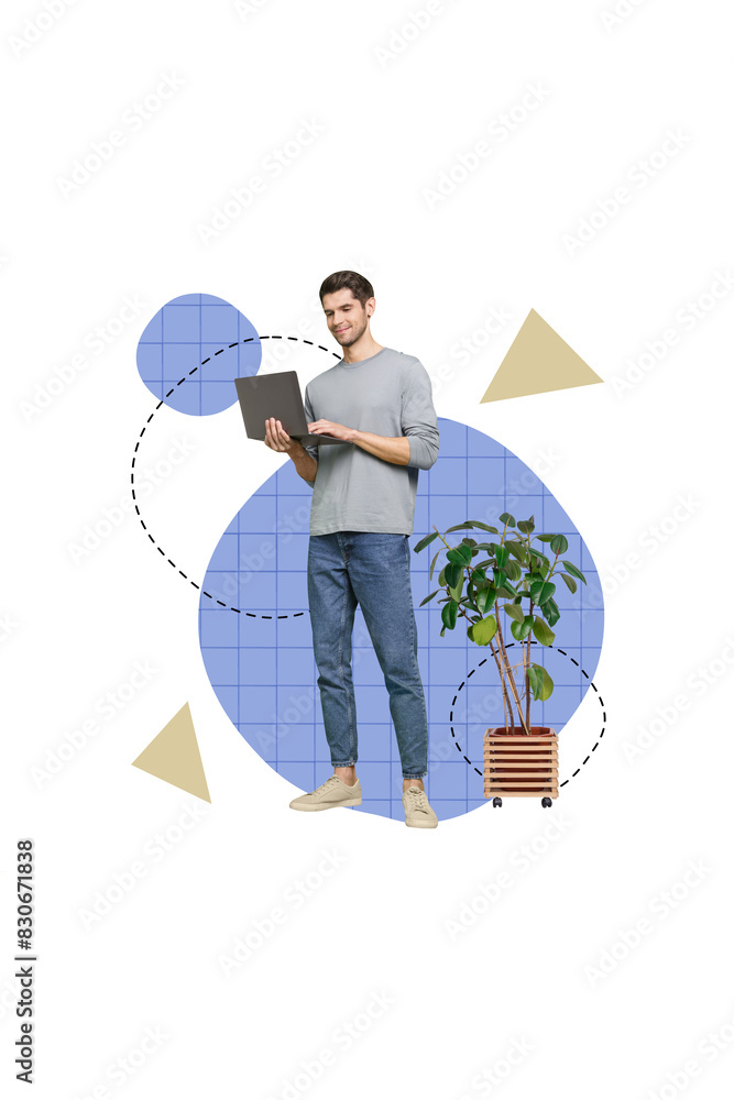 Poster Vertical collage image of positive intelligent guy hold use netbook networking houseplant isolated on drawing creative background