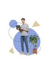 Vertical collage image of positive intelligent guy hold use netbook networking houseplant isolated on drawing creative background