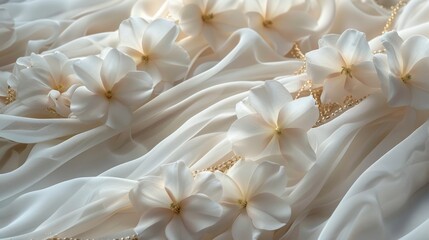 An elegant wedding arrangement, white jasmine petals, accompanied by sheer white silk and delicate gold chains. 