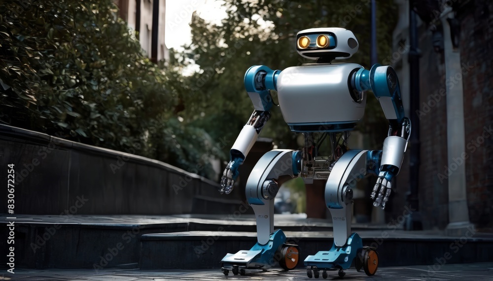 Poster a modern robot with a friendly design skates through an urban alley, showcasing a blend of technolog