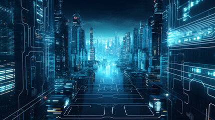 digital green and blue cyberpunk city graphics poster background