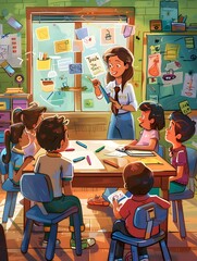 Enthusiastic Educator Guiding Engaged Students in Vibrant Classroom Setting