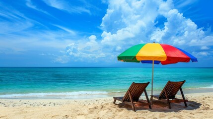 Tropical paradise, Empty beach chairs under rainbow umbrella. Beach vacation with inviting seating.
