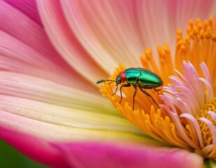 green beetle sits on a pink flower with yellow stamens 