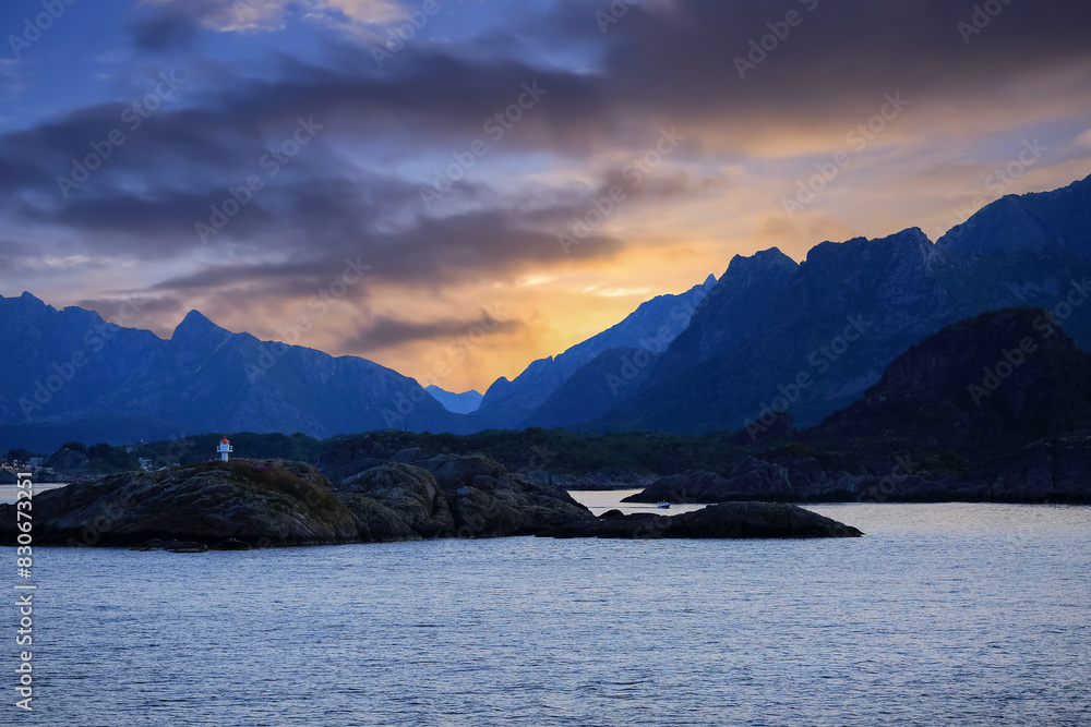 Sticker Midnight  sunlight at Vestfjorden, Lofoten islands, Norway