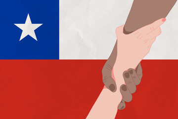 Helping hand against the Chile flag. The concept of support. Two hands taking each other. A helping hand for those injured in the fighting, lend a hand