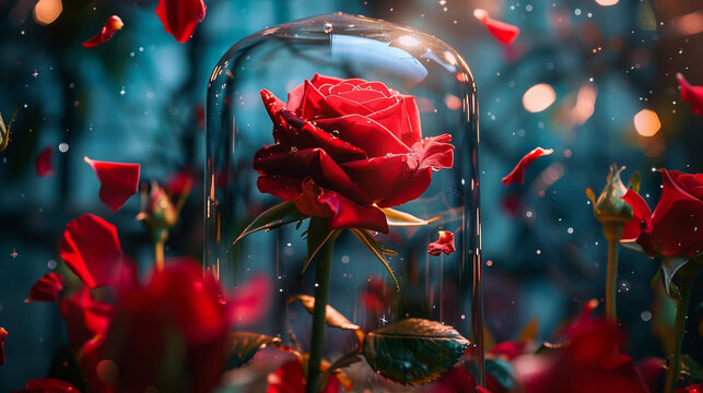 A macro image of an enchanted rose encased in a glass dome, with petals slowly falling.