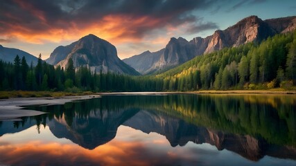 Fototapeta premium Experience a Vibrant Jungle Scene Bustling with Life and a Majestic Waterfall, Discover the Serenity of a Lake Nestled in a Bustling Jungle, Immerse Yourself in the Vibrant Jungle with a Cascading