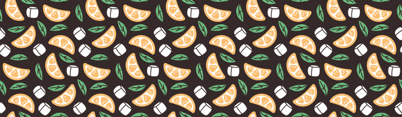Ice, mint and lemon pattern. Drink ingredients repeating background.