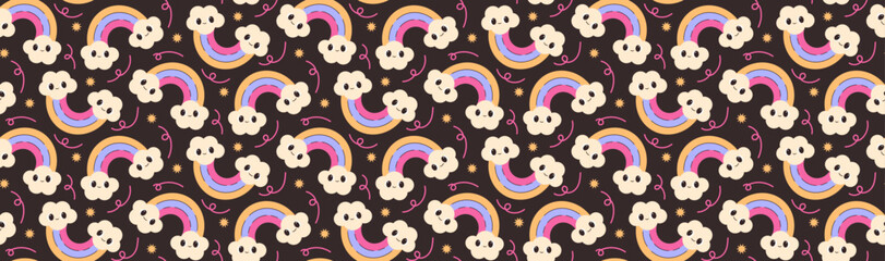 y2k aesthetic.90s background. Clouds character with retro rainbow seamless pattern. 