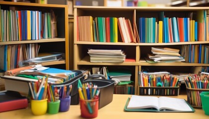 A well-organized classroom art station featuring colorful books, bins, and art supplies neatly arranged on wooden shelves.. AI Generation