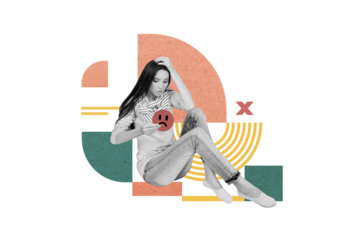 Composite minimal template collage of young stressed lady sitting hold unhappy emoji icon confused bad mood isolated on beige color background