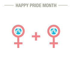 Obraz premium Happy pride month. LGBTQ design element with earth. icon vector illustration. Badge female. woman plus woman