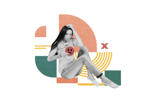 Composite minimal template collage of young stressed lady sitting hold unhappy emoji icon confused bad mood isolated on beige color background