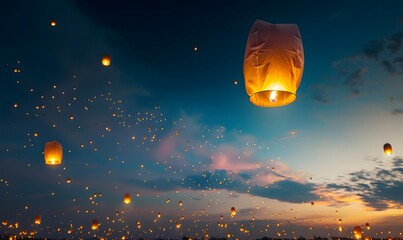 Sky lanterns float in evening sky at festival, Generative AI