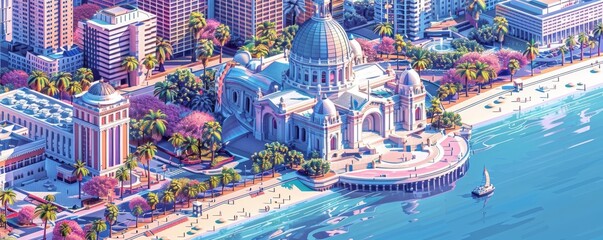 A charming isometric 3D depiction of San Francisco highlights its iconic sites and vibe, centered on a solid beige backdrop