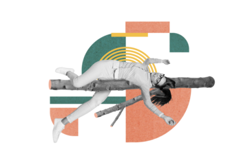 Composite photo banner collage of young stressed business worker lady lying tired woodland natural environment isolated on drawing background