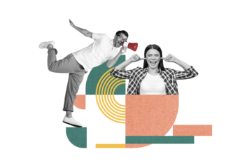 Composite collage picture of mini black white colors guy hold loudspeaker scream say tell girl fingers cover ears avoid noise