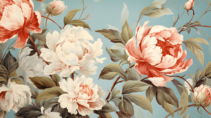 Digital retro peonies and buds textured graphics background