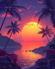 A stunning tropical sunset with palm trees silhouetted against a vibrant, colorful sky over a serene ocean backdrop.
