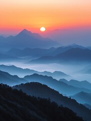 Serene mountain range at sunset with layers of misty hills and a glowing sun creating a beautiful, tranquil landscape.