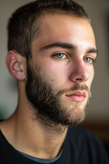 Obraz premium Close-up portrait of a young man with a beard, featuring an intense gaze and soft indoor lighting, highlighting his facial features. 