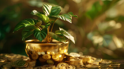 A golden money plant thriving in a pot of coins and banknotes