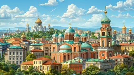 Obraz premium A charming isometric 3D depiction of Sofia's iconic locales and ambiance, set against a chartreuse backdrop