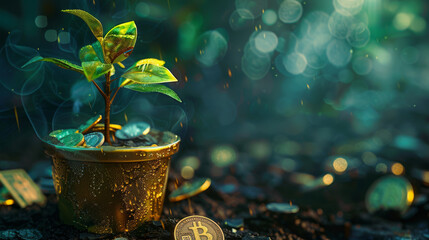 A golden money plant thriving in a pot of coins and banknotes