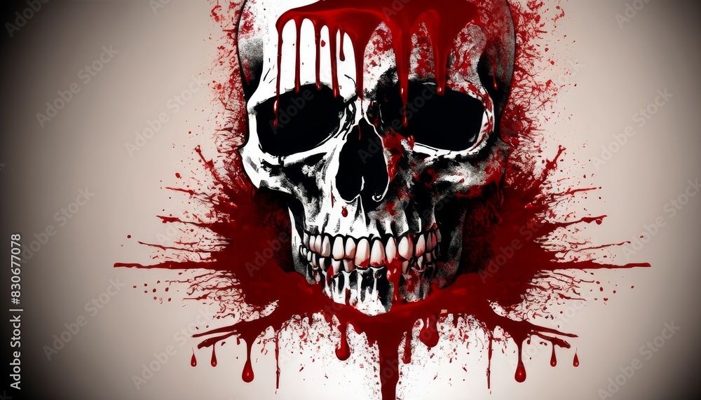 Poster a chilling digital image of a skull covered in blood with red handprints dripping down, set against 