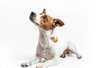 Full body studio portrait of a beautiful Jack Russell terrier dog. The dog is lying down and looking up over a background of pastel shades, radiating charm and playfulness.