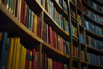 Curved Wall of Colorful Books in Library with Ladders