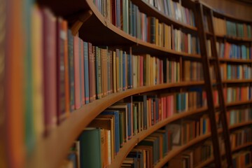 Curved wall of colorful books in library with ladder