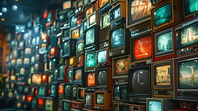 a large stack of vintage televisions all showing various programs, 1950s science fiction films,