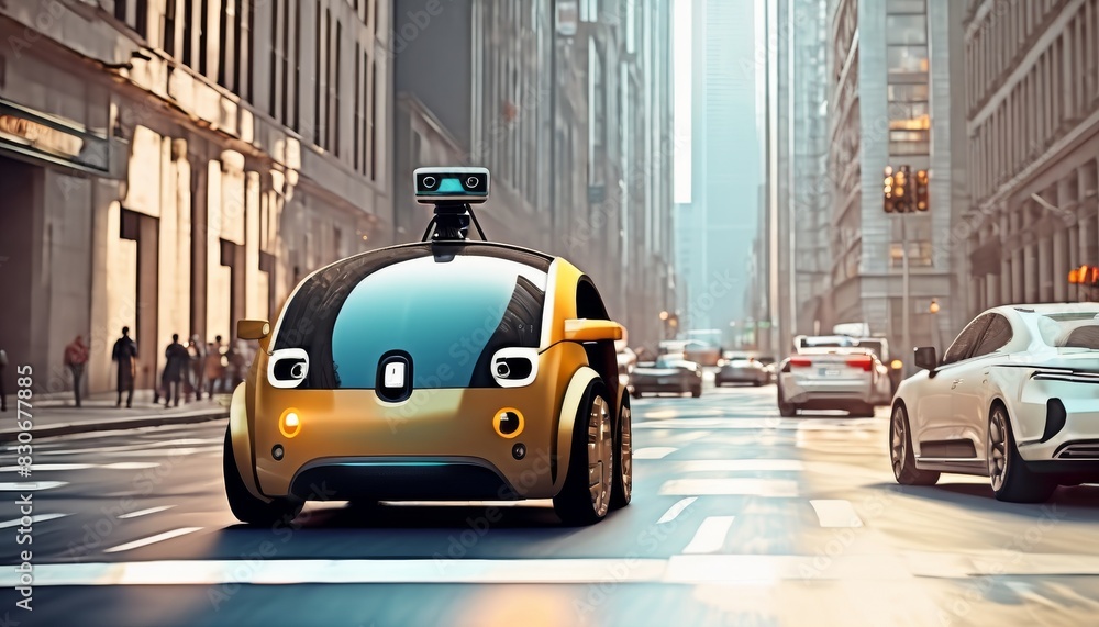 Poster a futuristic autonomous vehicle with a unique design navigates through a busy urban street, demonstr