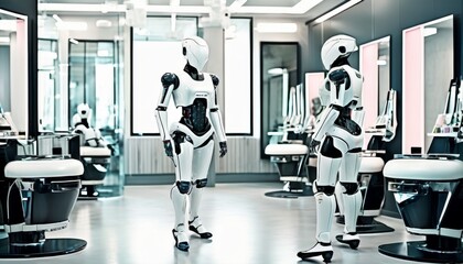 Futuristic white robots operating in a modern hair salon, with sleek equipment and stylish interior.. AI Generation