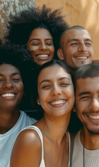 imagine Diverse group of young people celebrating estival day,  guys and girls hugging together outdoors - Multiracial trendy friends standing on a rainbow 
