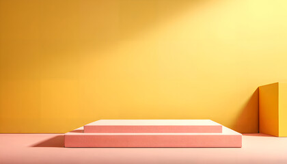 Large pink platform against a yellow background. Contrasting colors with simple shapes and geometry. Suitable as a platform for product placement.