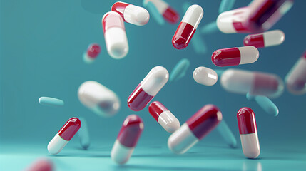 Medical balancing act. A group of medicine pills and antibiotics balancing on top of each other. 3D render.