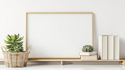 Home interior poster mock up with horizontal metal frame, succulents in basket and pile of books on white wall background. 3D rendering.e values)