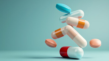 Medical balancing act. A group of medicine pills and antibiotics balancing on top of each other. 3D render.