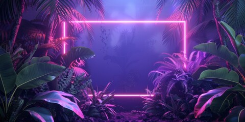 Tropical Plants Illuminated with Green and Purple Fluorescent Light. Exotic Environment with Square shaped Neon Frame.