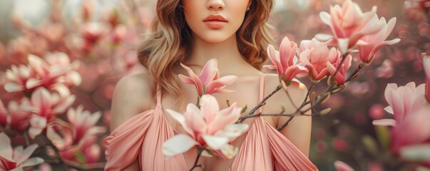 woman in pink dress holding magnolia flowers on branch near blooming bush - Powered by Adobe
