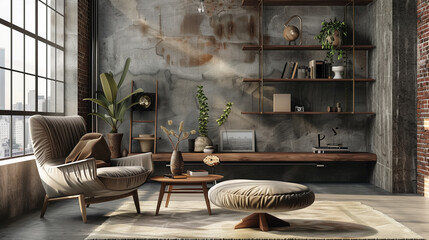 Living room interior in loft, industrial style, 3d render.